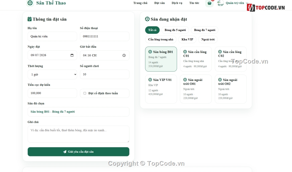Website đặt sân,Website đặt sân bóng,Web bóng đá